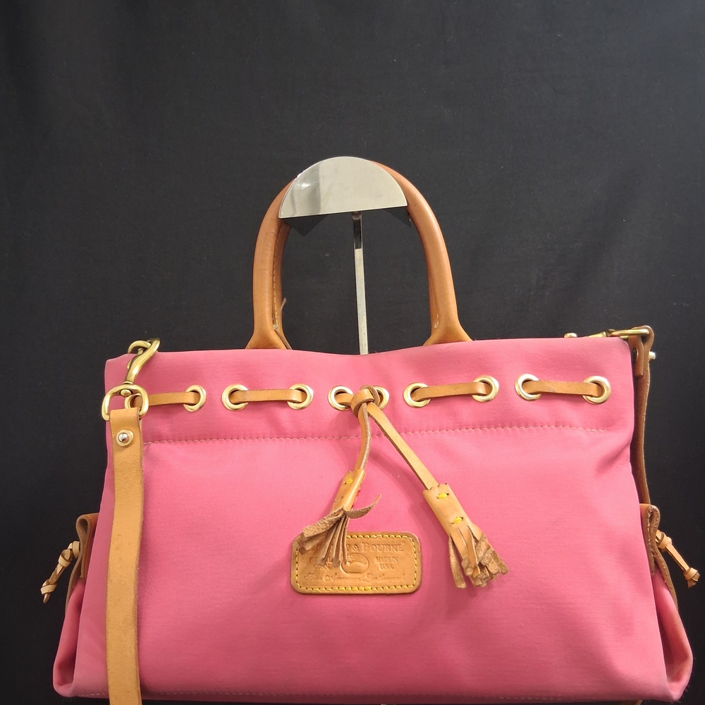 Dooney Bourke Pink Canvas Coat Leather W/ Tassel And Detachable Shoulder Strap